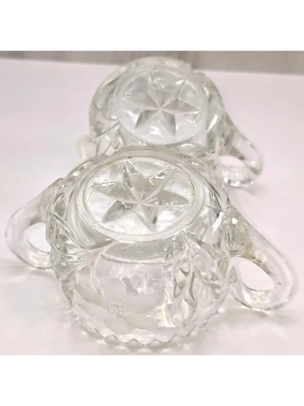Vintage Glass Creamer & Sugar Bowl Set With Floral Etching Star Base VL5076